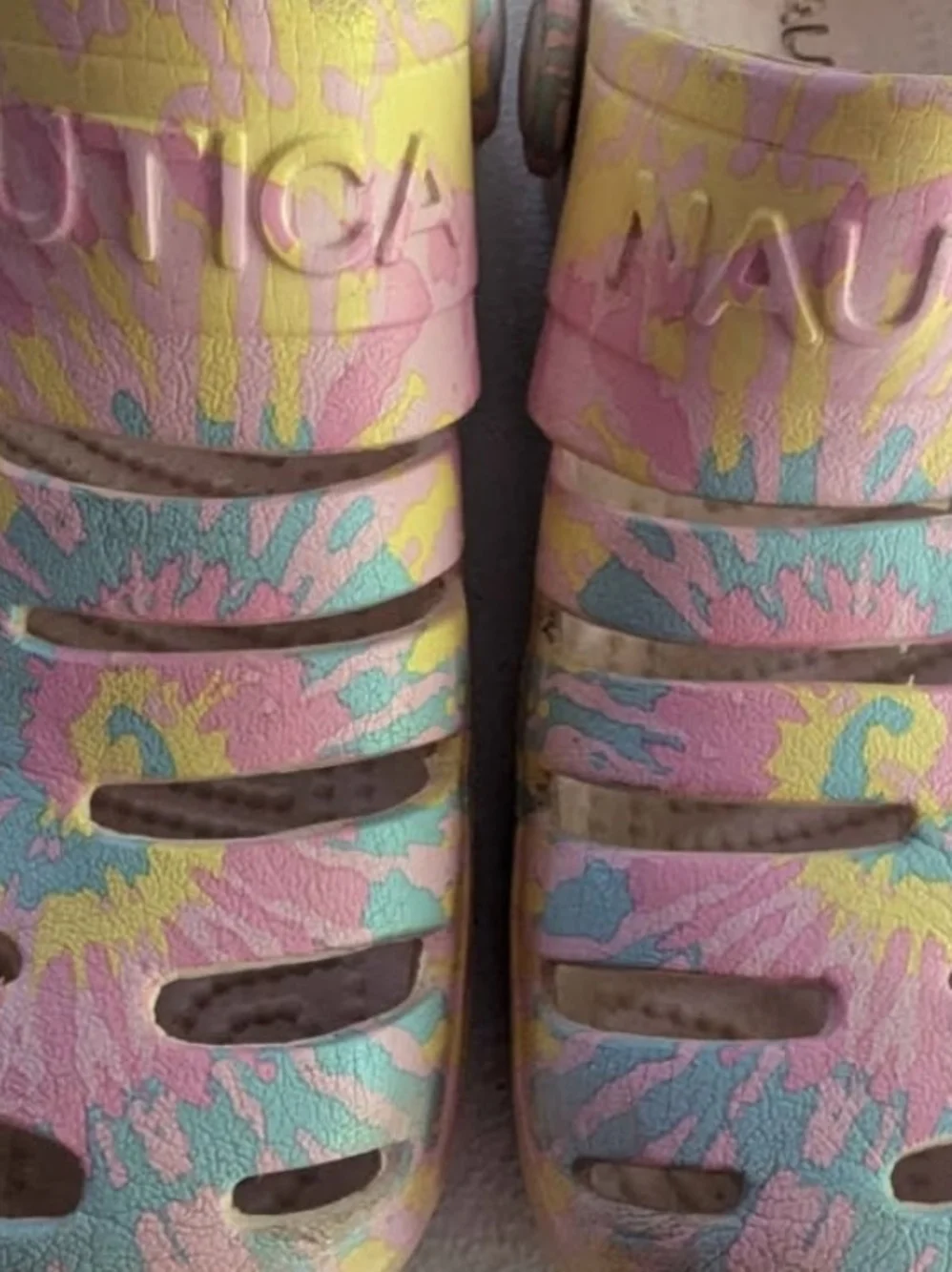 Nautica Kids Pastel Tie-Dye Crocs in Pink, Yellow & Blue, Size 1